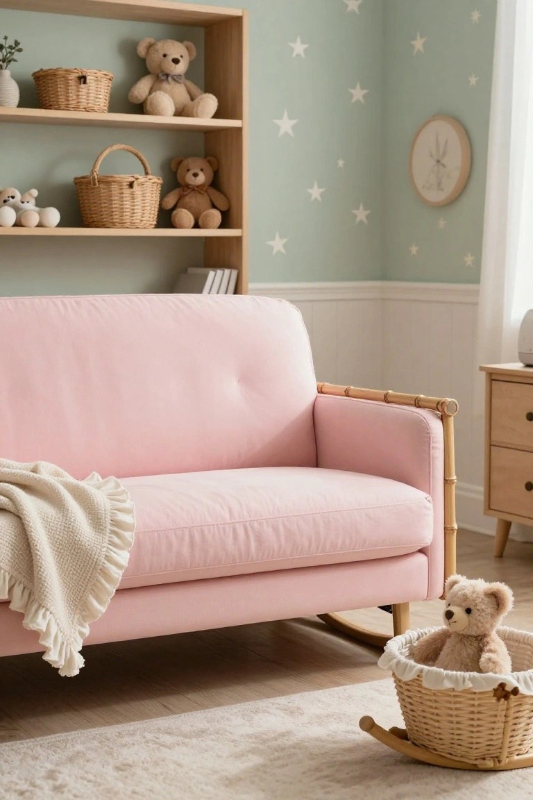 Nursery interior with a tufted pink sofa draped in a cream throw, wooden bookshelves holding teddy bears and baskets, a wicker rocking chair with teddy bear inside, mint green walls with white star decals, and beige rug on wood floor.