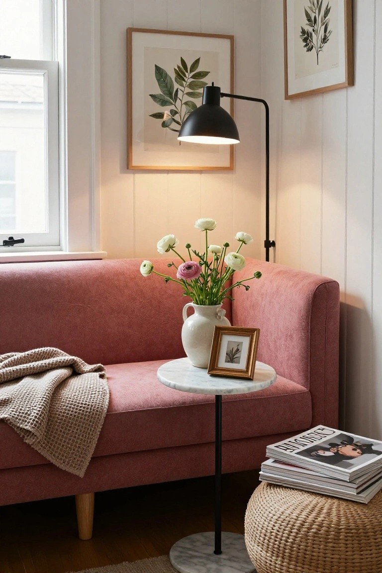 Corner of a living room with a curved blush pink sofa, beige knit throw draped over arm, white marble pedestal table holding small gold frame and white vase of white and pink ranunculus flowers, stack of magazines on floor, woven beige pouf, black metal floor lamp lit beside sofa, botanical prints on white paneled walls, window with natural light.