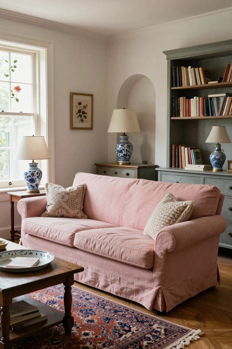 Cozy living room corner with blush pink slipcovered sofa on hardwood floor, blue and white ginger jar lamps on wooden side tables, arched green bookcase filled with books, wooden coffee table with dish and books, and red and blue patterned rug.