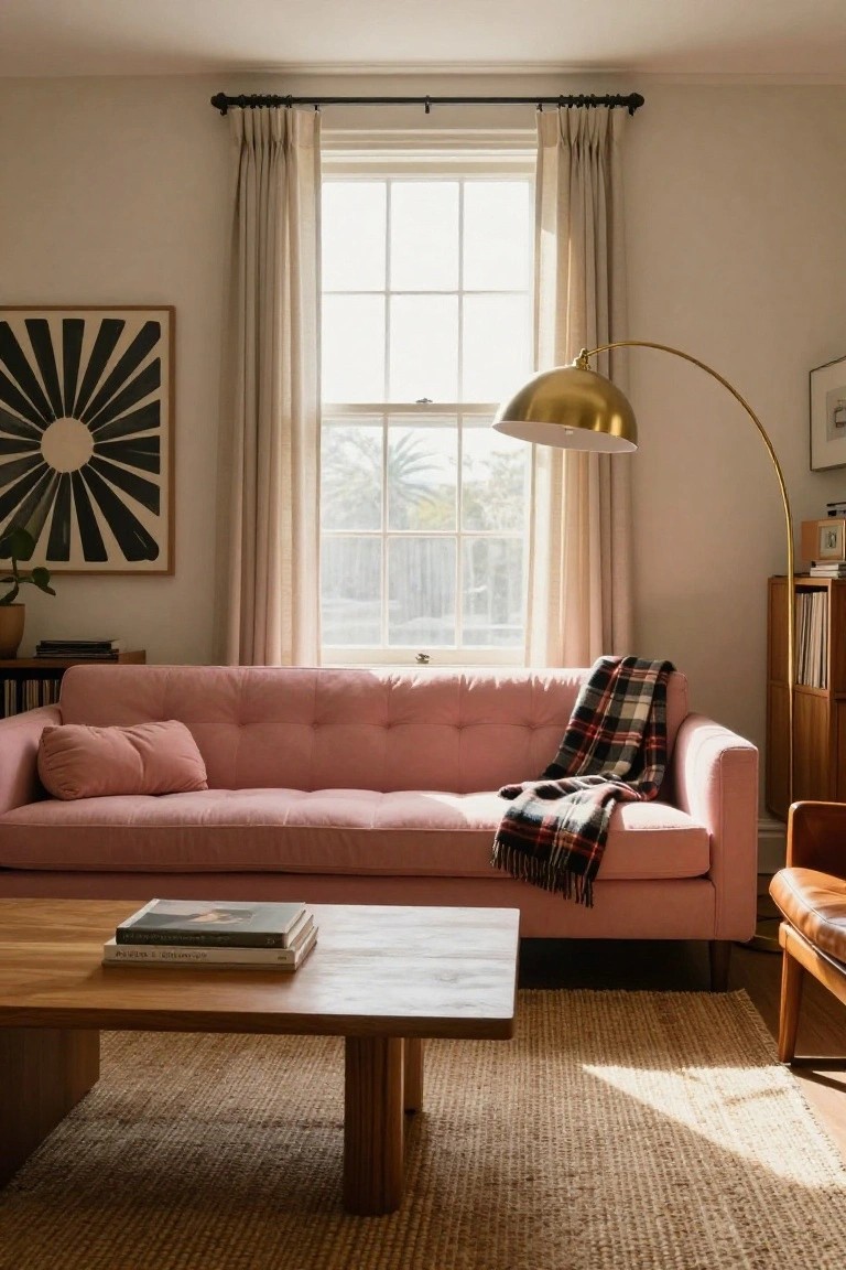 Blush pink tufted sofa with plaid throw blanket on one end, wooden coffee table with books, gold arc floor lamp, and framed abstract art in a light beige living room with sheer window curtains and wooden furniture.
