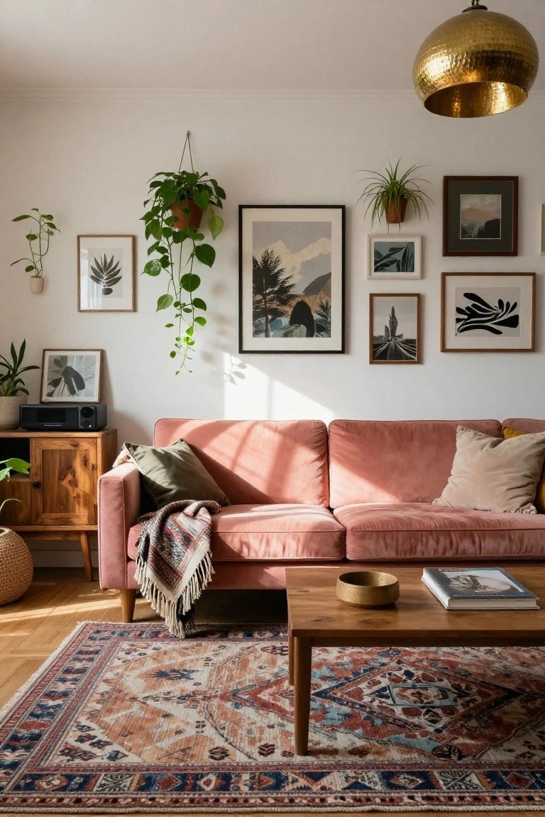 A blush pink velvet sofa in a bright living room with white walls, an eclectic gallery wall of framed art, multiple hanging and potted plants including trailing pothos, wooden credenza with record player, wooden coffee table, patterned rug, and brass pendant light.