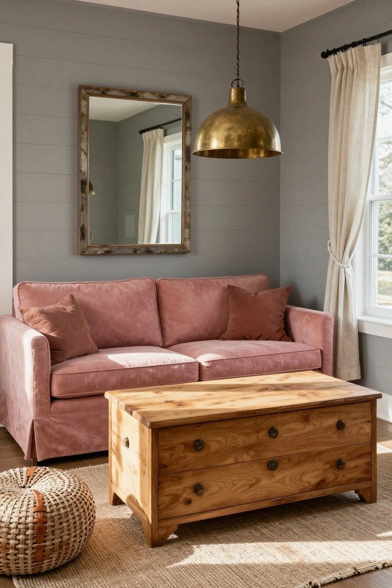 Blush pink velvet loveseat with pillows in a gray shiplap room, wooden trunk coffee table with drawers in front, rattan ottoman nearby, brass pendant light overhead, rustic framed mirror on wall, and window with white curtains.