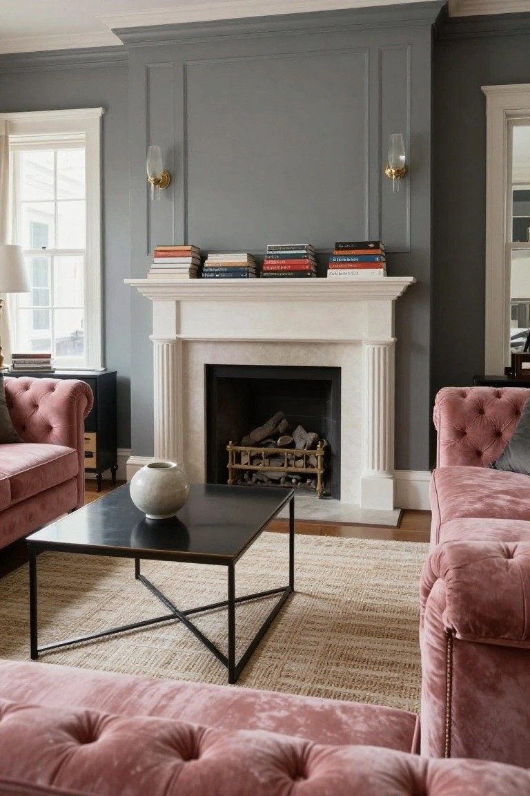 A living room with two blush pink tufted sofas flanking a white marble fireplace on gray paneled walls, books stacked on the mantel, a black metal coffee table holding a white vase, and jute rug underneath.