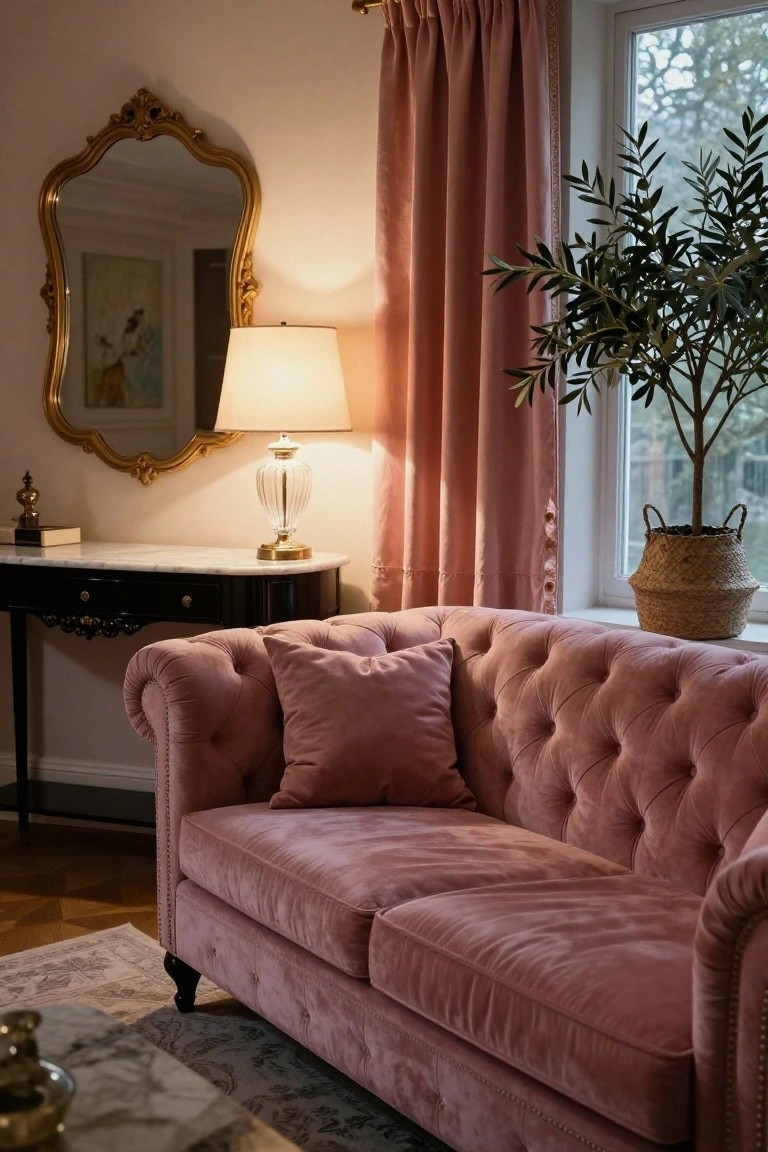A tufted blush pink velvet two-seater sofa sits beside a black ornate console table with a glass lamp and book in a living room with gold-framed mirror, pink curtains, and potted olive tree by the window.