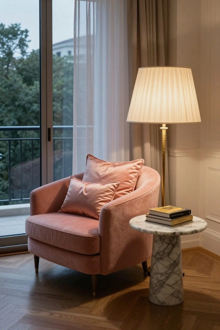 Blush pink velvet armchair with matching satin pillows in a light neutral room corner next to a white marble pedestal table stacked with books, a tall pleated-shade gold lamp, sheer curtains on balcony doors, and trees visible outside.