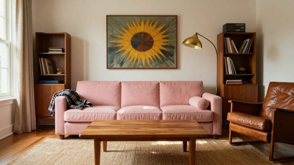 20 Pretty Pink Sofa Ideas for a Soft and Feminine Touch Blush pink tufted sofa with plaid throw blanket on one end, wooden coffee table with books, gold arc floor lamp, and framed abstract art in a light beige living room with sheer window curtains and wooden furniture.