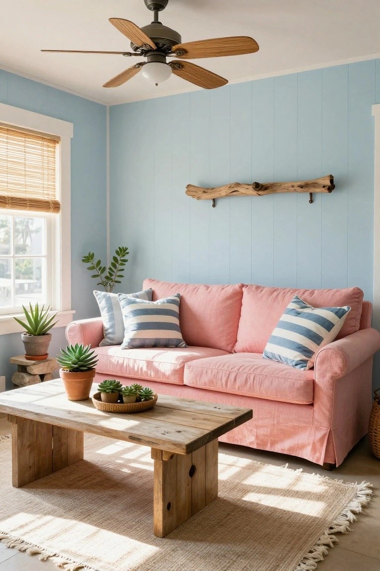 Light blue shiplap-walled living room with pink slipcovered sofa, blue-and-white striped pillows, rustic wooden coffee table topped with potted succulents, potted plants on side tables, driftwood wall shelf, bamboo blinds, and ceiling fan.