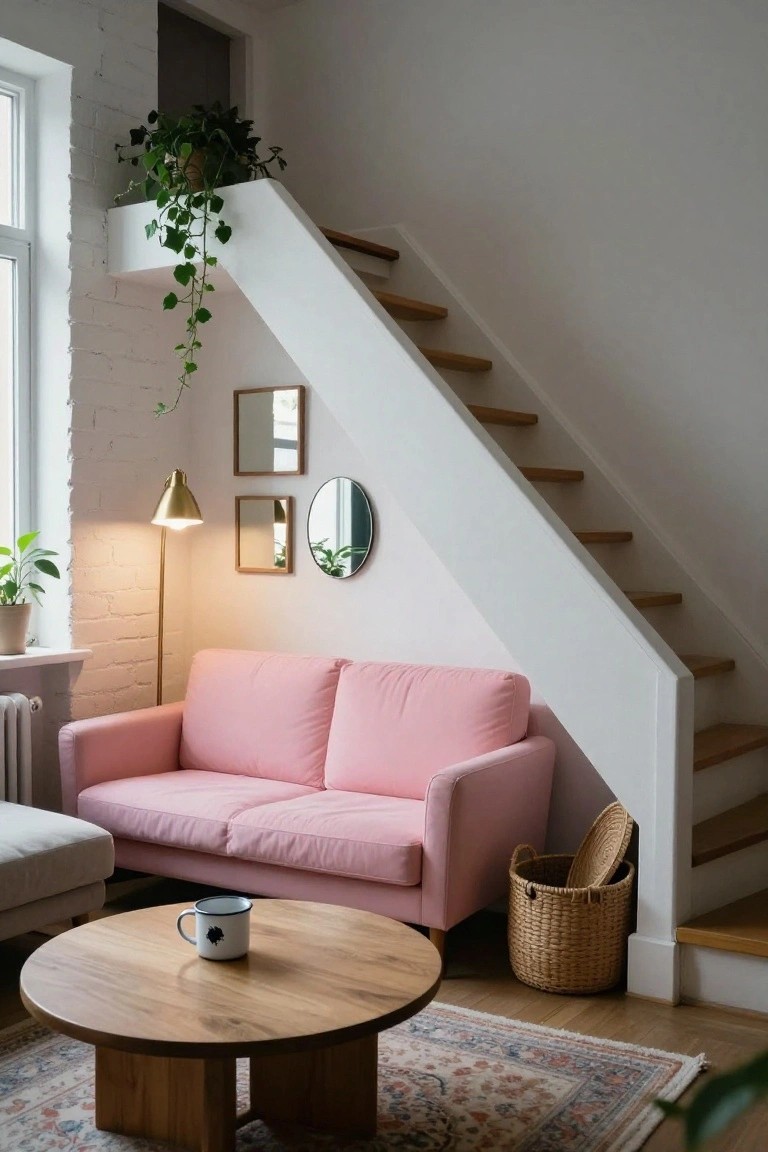 Blush pink two-seater sofa positioned under white floating wooden stairs in a living room with exposed brick wall, potted plants, round mirrors, gold floor lamp, wooden coffee table, and woven basket nearby.