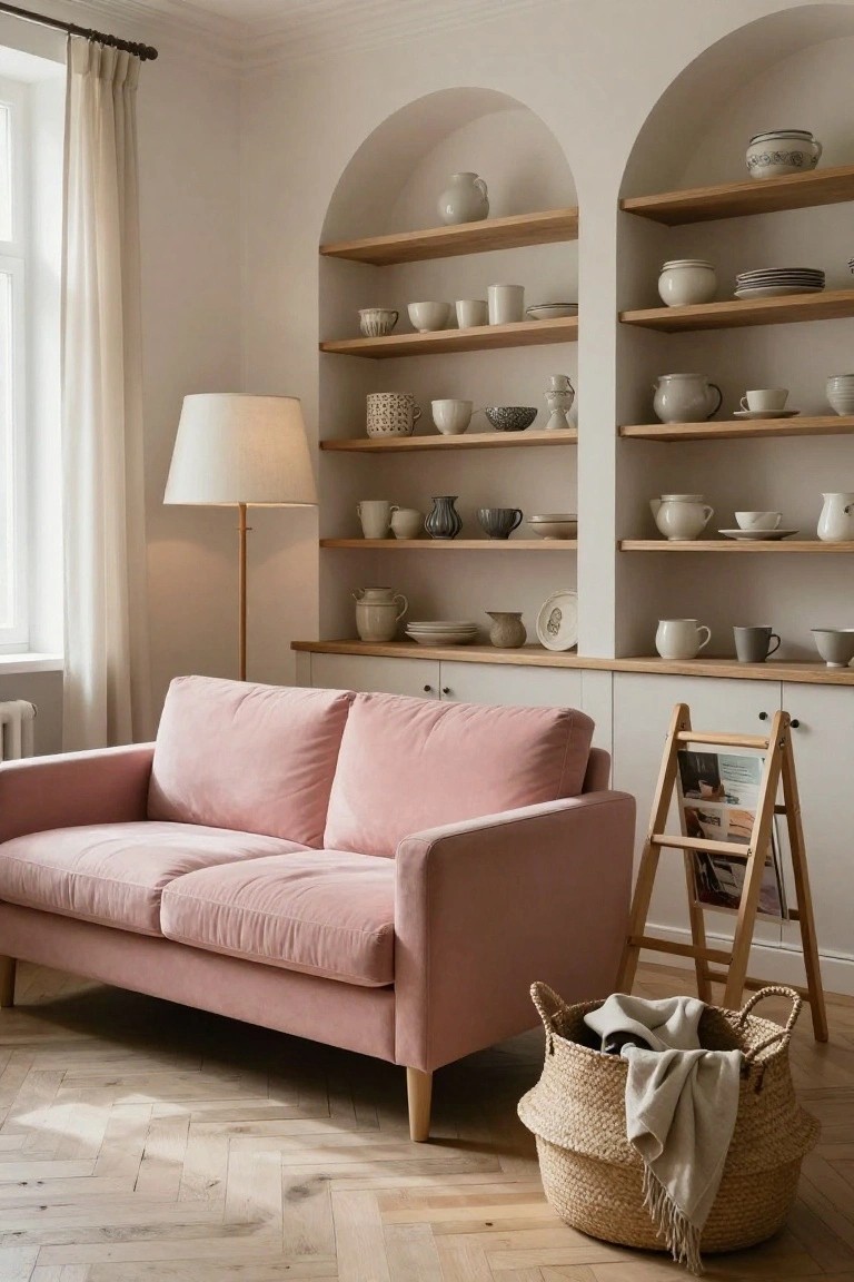 Blush pink velvet two-seater sofa positioned in front of oak built-in shelves in two arched alcoves filled with white ceramics, pottery, and dishes, with a floor lamp, woven basket, and sheer-curtained window nearby on herringbone wood floors.