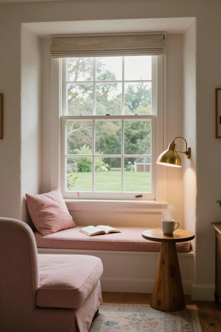 Pink velvet chaise lounge on a window seat cushion with pink pillow and open book, wooden pedestal table holding white mug of steaming tea, large multi-pane window showing garden view, gold wall sconce lit, neutral room interior.
