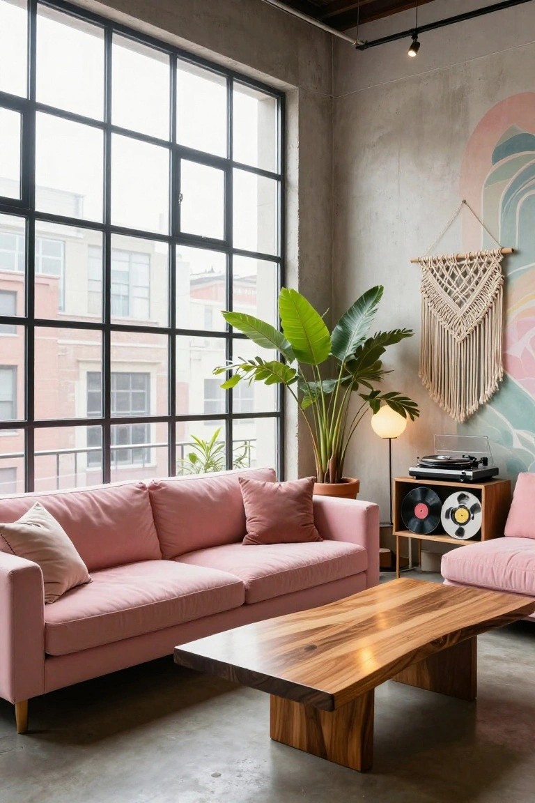 Industrial loft living room with blush pink sofas, live-edge wooden coffee table, tall potted banana plant, macrame wall hanging, record player stand, and large metal-framed windows.