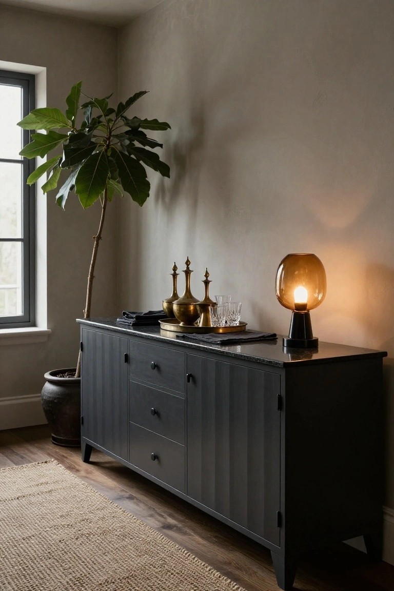 Black sideboard with brass decor, glowing lamp, and potted plant.