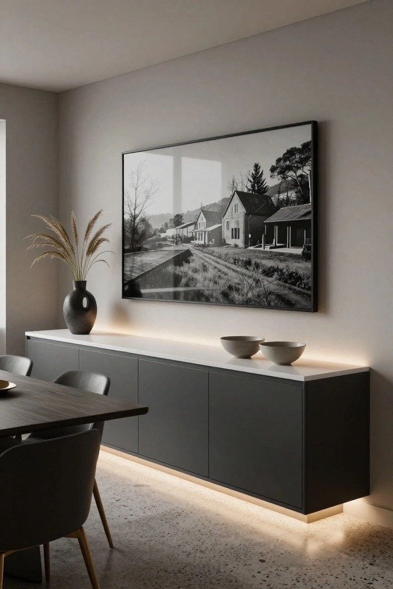 Modern dining room with floating sideboard, black-and-white landscape art, and dried grass vase.