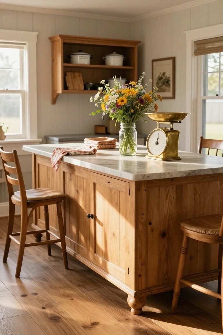 A wooden kitchen island with a marble top holds a glass vase of flowers and a brass scale, with two wooden stools on either side.