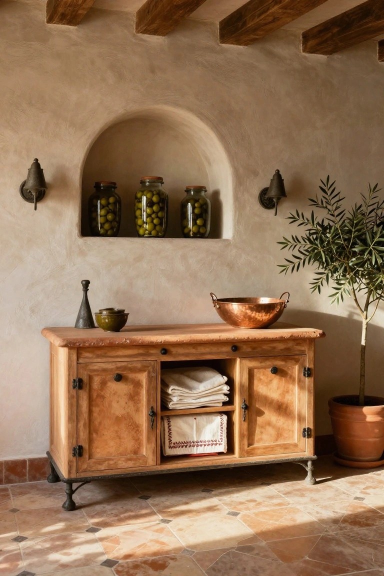 Rustic wooden sideboard with copper bowl and olive jars in arched niche.