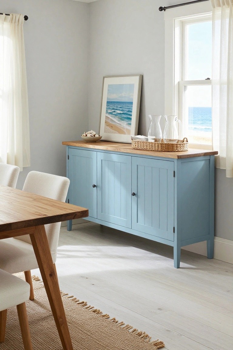 Light blue wooden sideboard with coastal decor beside dining table.