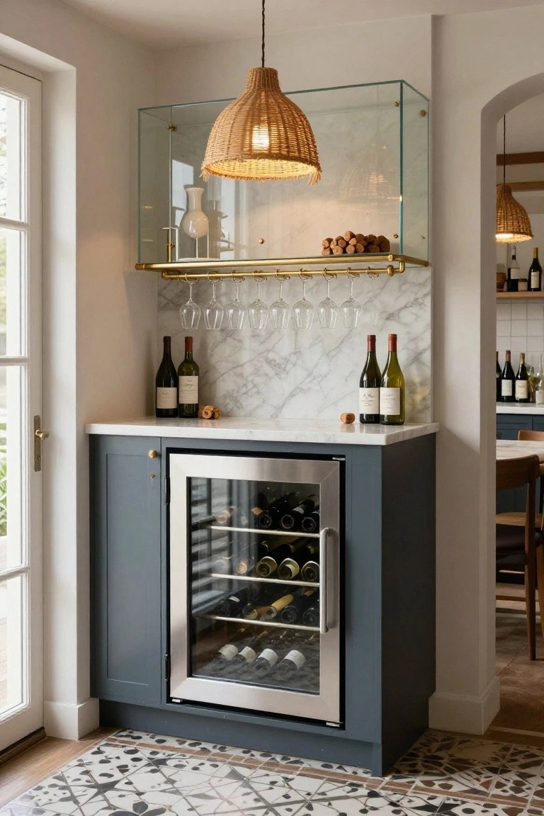 A gray dining room cabinet with a built-in wine refrigerator, marble countertop and backsplash, hanging wine glasses, and several wine bottles placed on the counter.