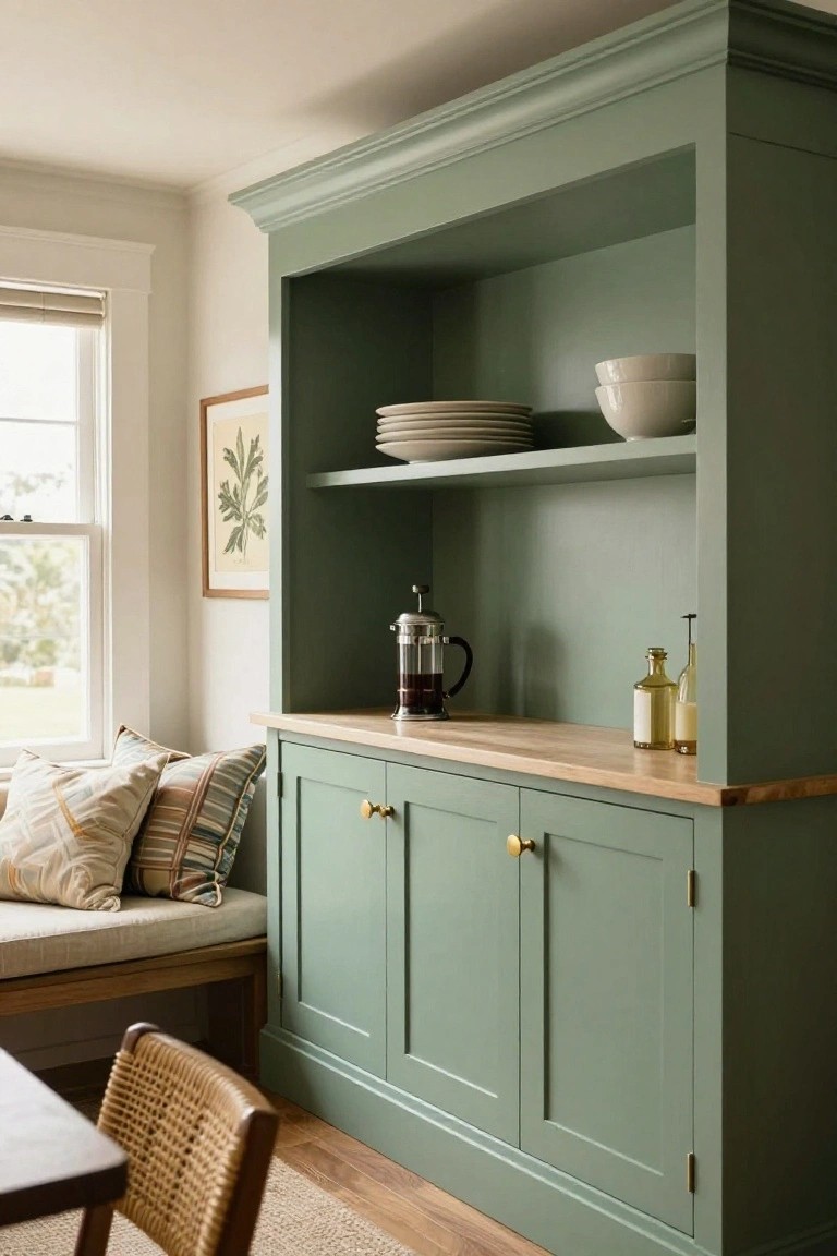 Sage green built-in hutch with open shelf, wood counter, and French press.