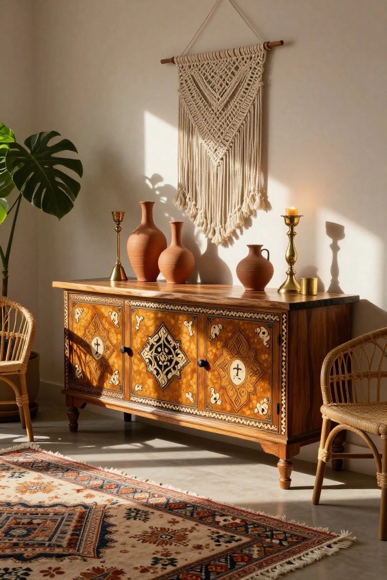 Boho living room with wooden sideboard, macrame wall hanging, and woven chairs.