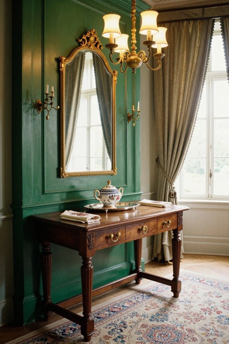 Elegant wooden console table beneath ornate gold mirror in green room.