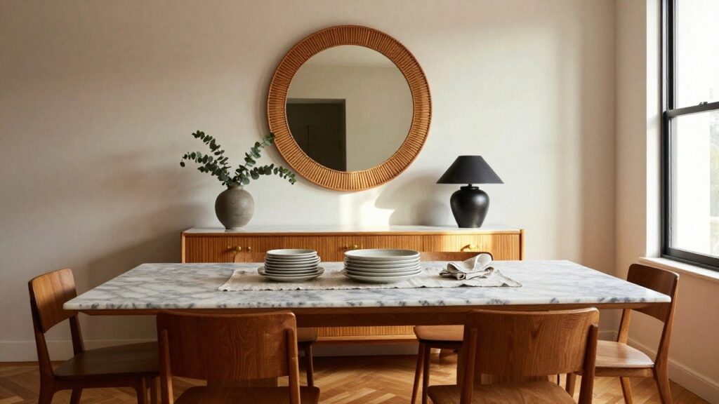 19 Refined Dining Room Buffet Ideas That Upgrade Your Hosting Style Round marble dining table with fluted pedestal base surrounded by wooden chairs in a neutral room with a woven mirror on the wall.