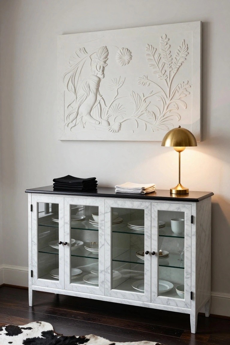 A white marble buffet with glass doors displays stacks of white plates and bowls beneath a large white relief artwork on the wall.