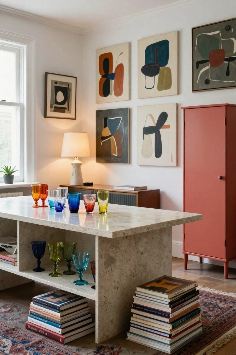Modern room with marble table, colorful glasses, abstract art, and red cabinet.