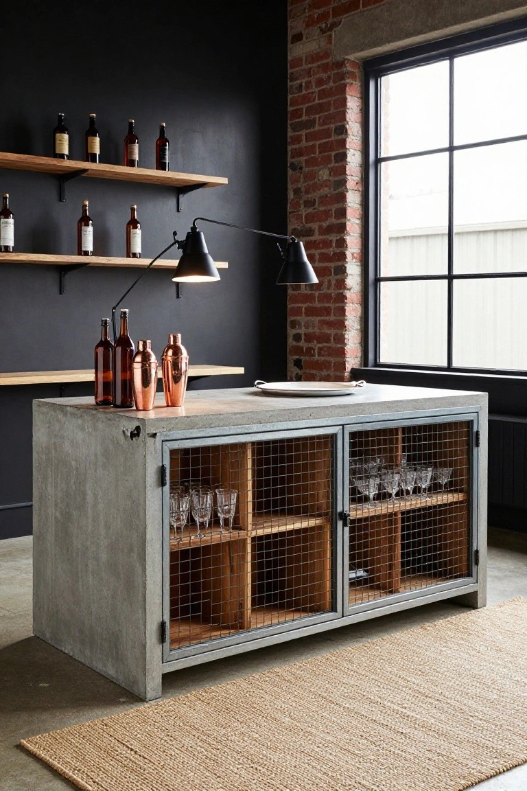 Industrial concrete bar cabinet with wire doors and copper accents.