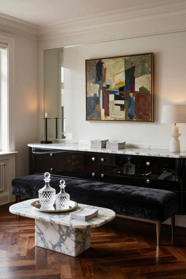 A black lacquered sideboard with a white marble top sits against a wall beneath an abstract painting, with stacks of plates on the surface and a velvet bench in front.
