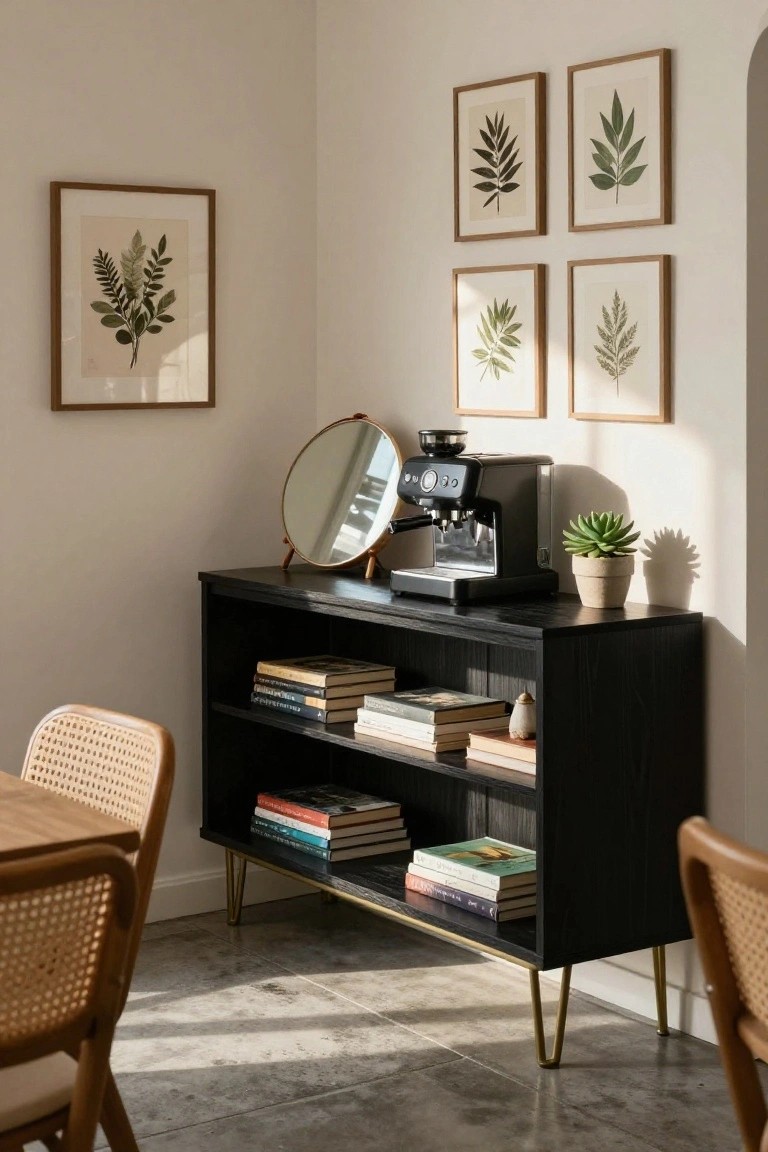 A black sideboard with open shelves holding stacks of books, an espresso machine on top, and framed botanical prints on the wall behind it in a dining room.