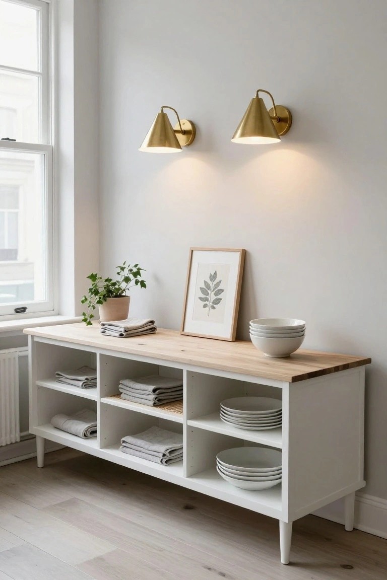 A white sideboard with open shelving holding folded linens and stacks of white dishes, topped with a light wood surface and a few decorative items.