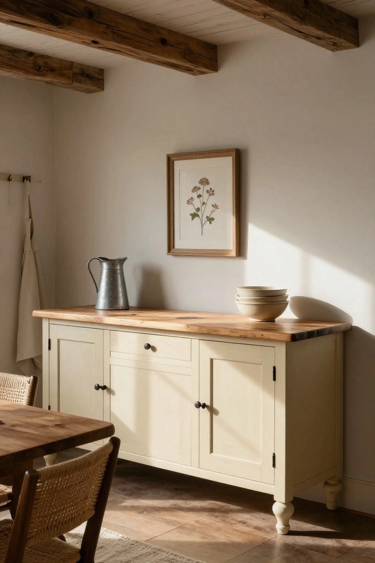 Rustic sideboard with wooden top, cream doors, metal jug, and framed floral art.