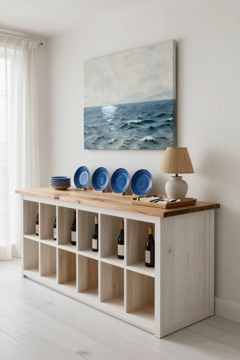 Wooden console with blue plates, wine bottles, lamp, and ocean painting.
