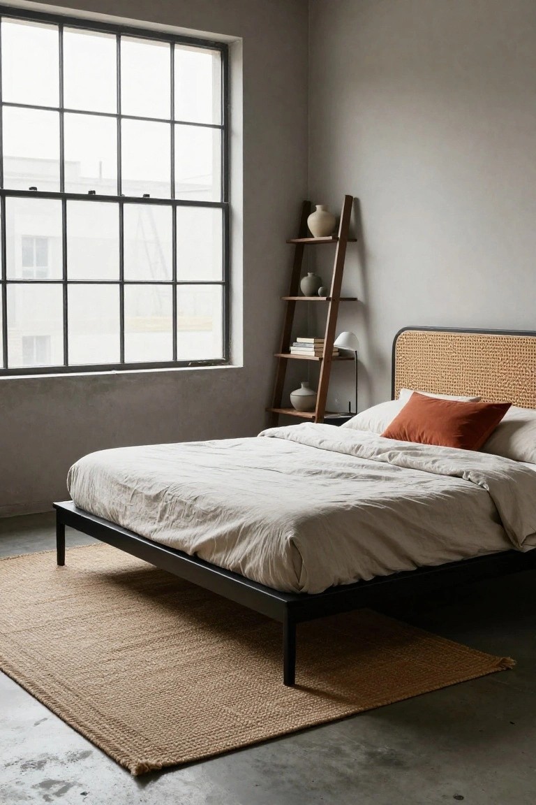 A minimalist bedroom with low black metal platform bed, white linen bedding, rattan cane headboard, wooden leaning ladder shelf holding ceramics and books, large multipane steel window, and seagrass rug on concrete floor.