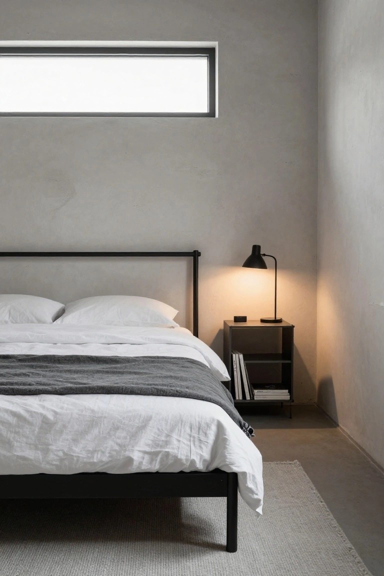 Minimalist bedroom corner with low black metal platform bed dressed in white sheets and gray throw blanket, next to black shelf nightstand holding lamp and books, light gray plaster walls, concrete floor, and thin window.