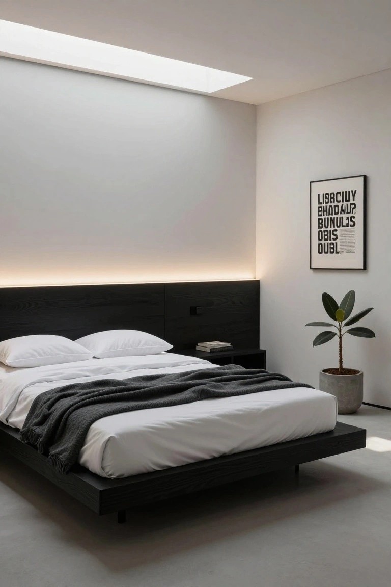 Minimalist bedroom interior with low black wooden platform bed, white pillows and sheets draped with gray throw, black headboard with LED strip lighting, bedside table with book, potted plant in gray pot, black-framed vertical wall art, white walls, skylight above, and polished concrete floor.