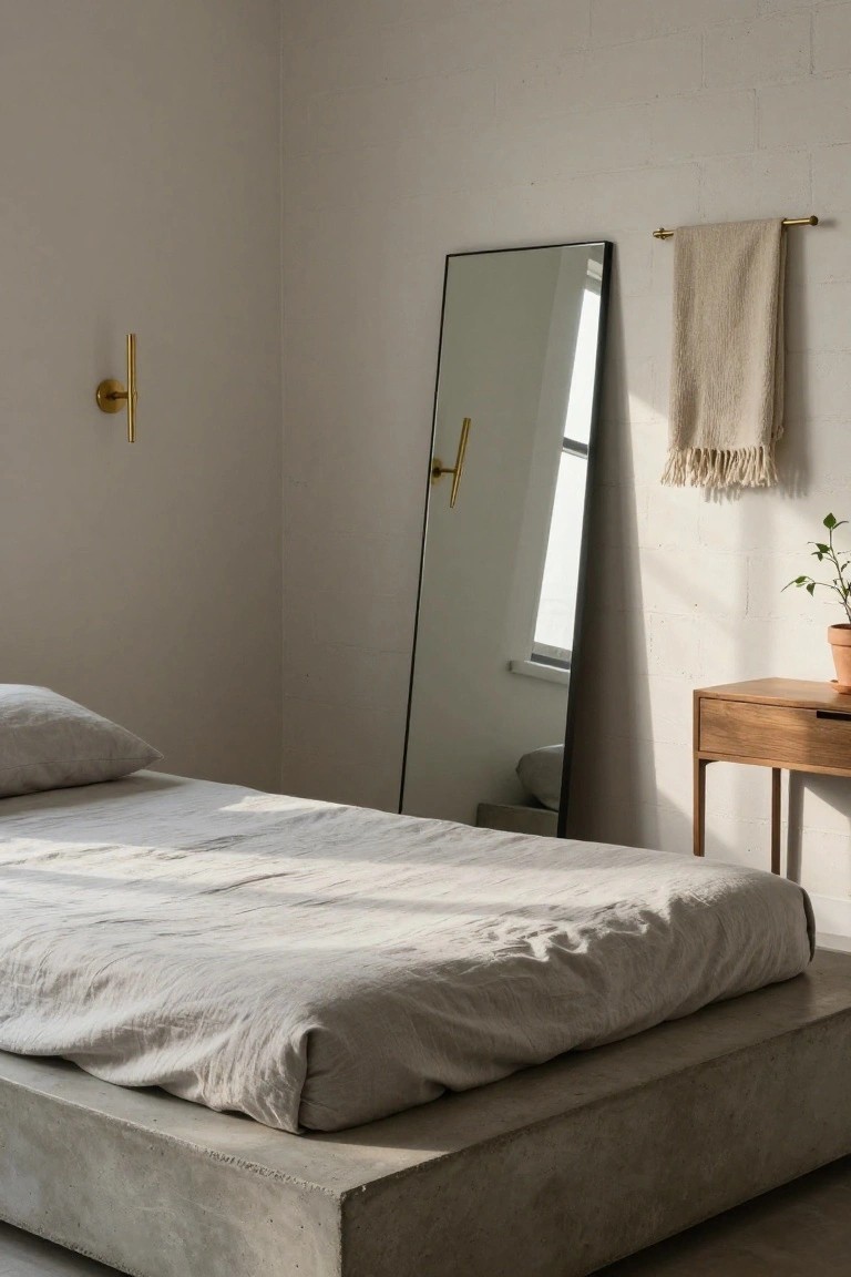 Minimalist bedroom with low gray concrete platform bed covered in light gray linen sheets and pillows, wooden side table with potted plant, tall black-framed mirror leaning against exposed brick wall, and beige towel hung on gold wall hook.