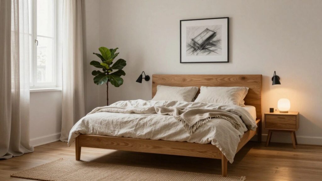 Bedroom interior with low oak platform bed topped by white linen bedding and throw, wooden nightstand, black wall sconces, potted fiddle leaf fig plant, sheer window curtains, and beige rug on oak floors.