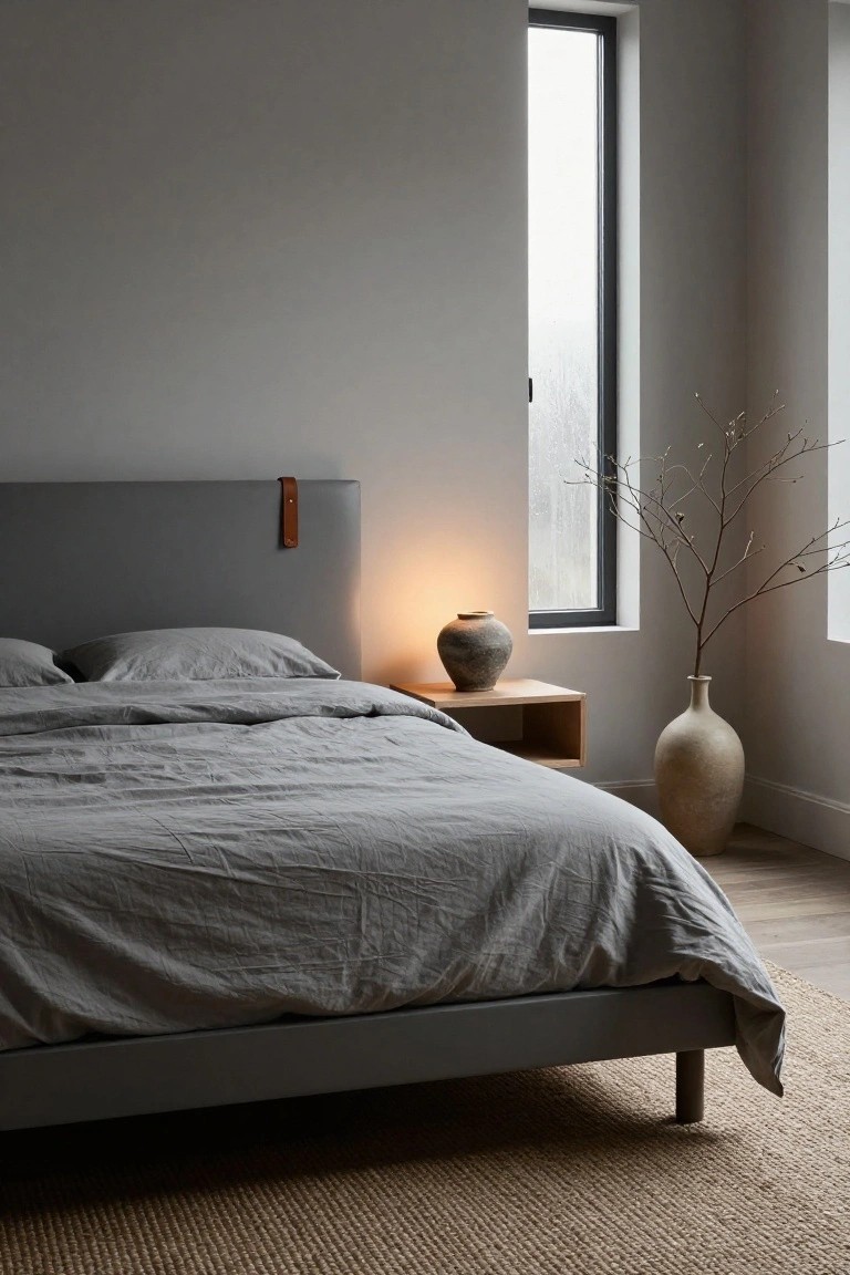 Bedroom with low gray platform bed, upholstered headboard with leather strap, two gray pillows and gray duvet, wood nightstand with ceramic pot lit by lamp, tall beige vase with branches, large window with rain, beige rug on wood floor.