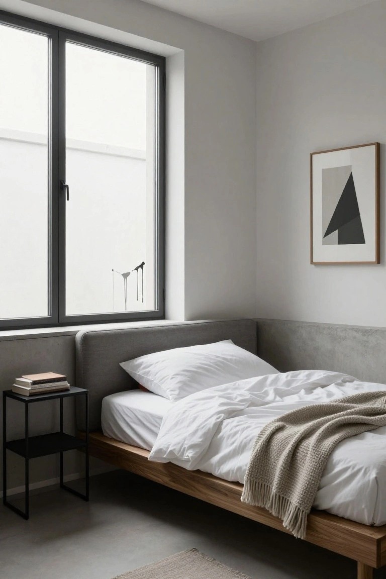 Minimalist bedroom with low wooden platform bed covered in white sheets and beige knitted throw, gray padded headboard, black metal nightstand holding stacked books, large window with white frame and frosted glass, abstract geometric artwork on wall, concrete floor and light gray walls.