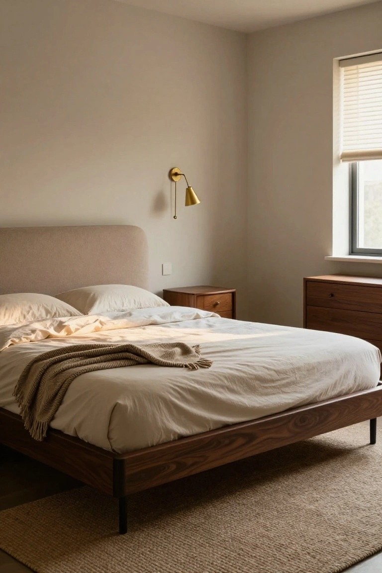 Bedroom corner with low walnut platform bed covered in white sheets and beige knit throw, beside matching wood nightstand and tall dresser, gold sconce lamp on wall, and window with white blinds letting in soft light.