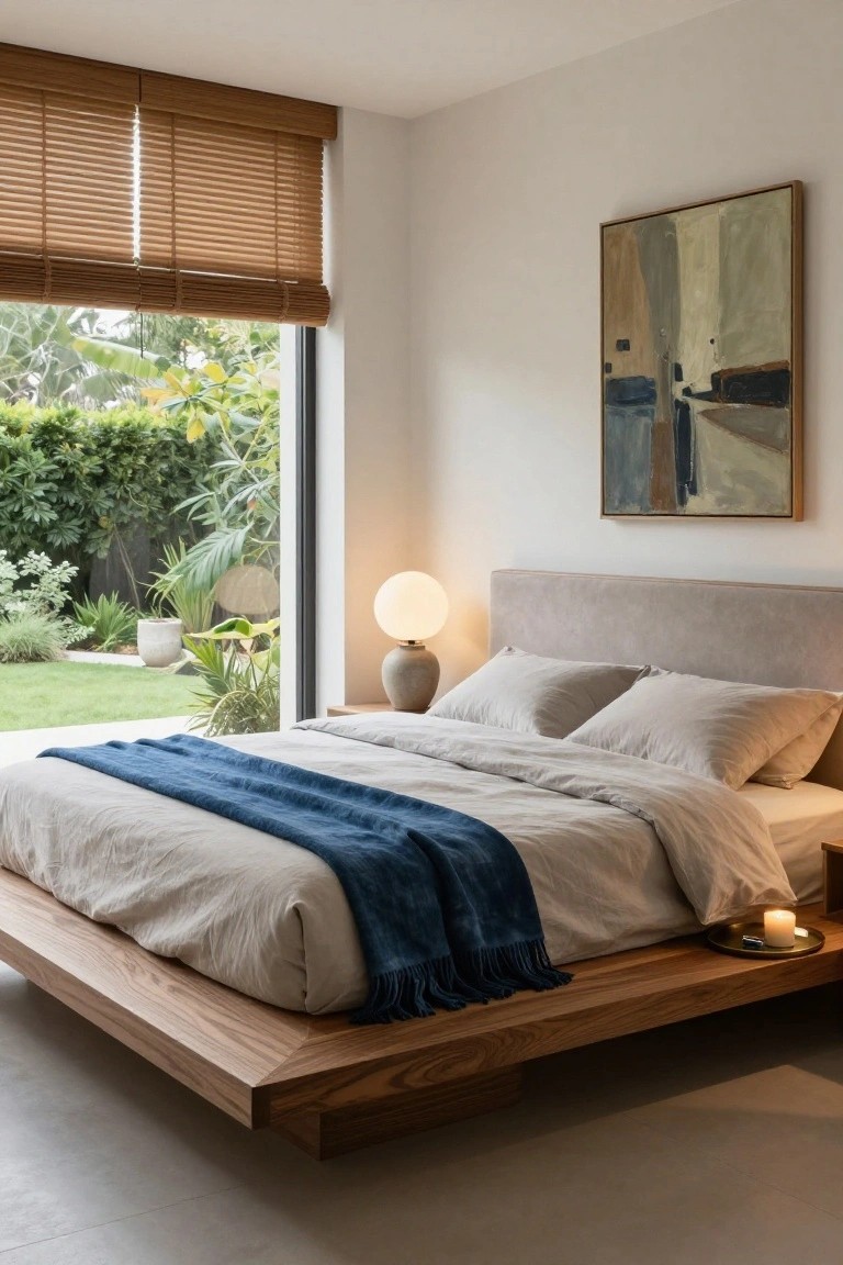 A minimalist bedroom with low wooden platform bed topped by white linen bedding and blue throw blanket, beside large window to tropical garden, neutral walls, globe lamp, and abstract painting.