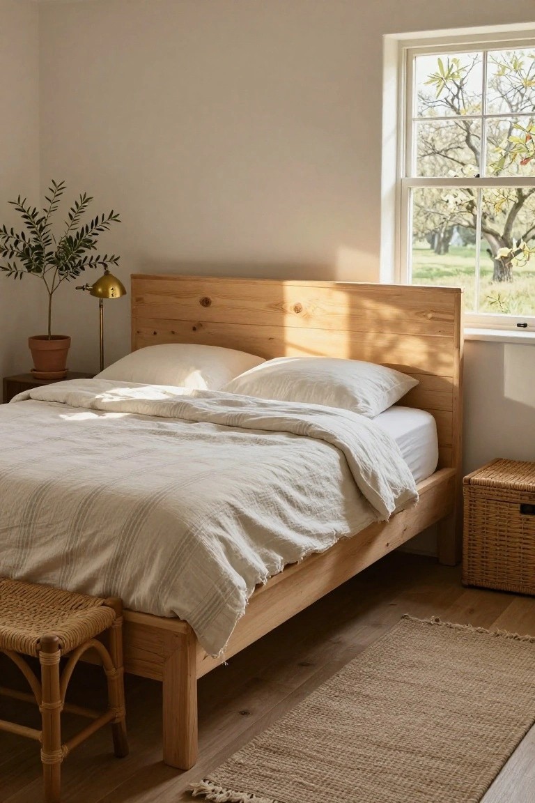 Bedroom with a low wooden platform bed covered in white striped linen duvet and pillows, next to a potted olive tree, brass lamp on a wooden table, rattan stool, wicker basket, and window showing trees outside.