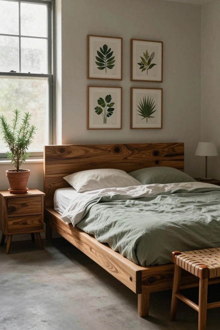 Bedroom with low wooden platform bed frame, white and green linens, wooden nightstand holding a potted rosemary plant, botanical prints on walls, and a window with sheer light.