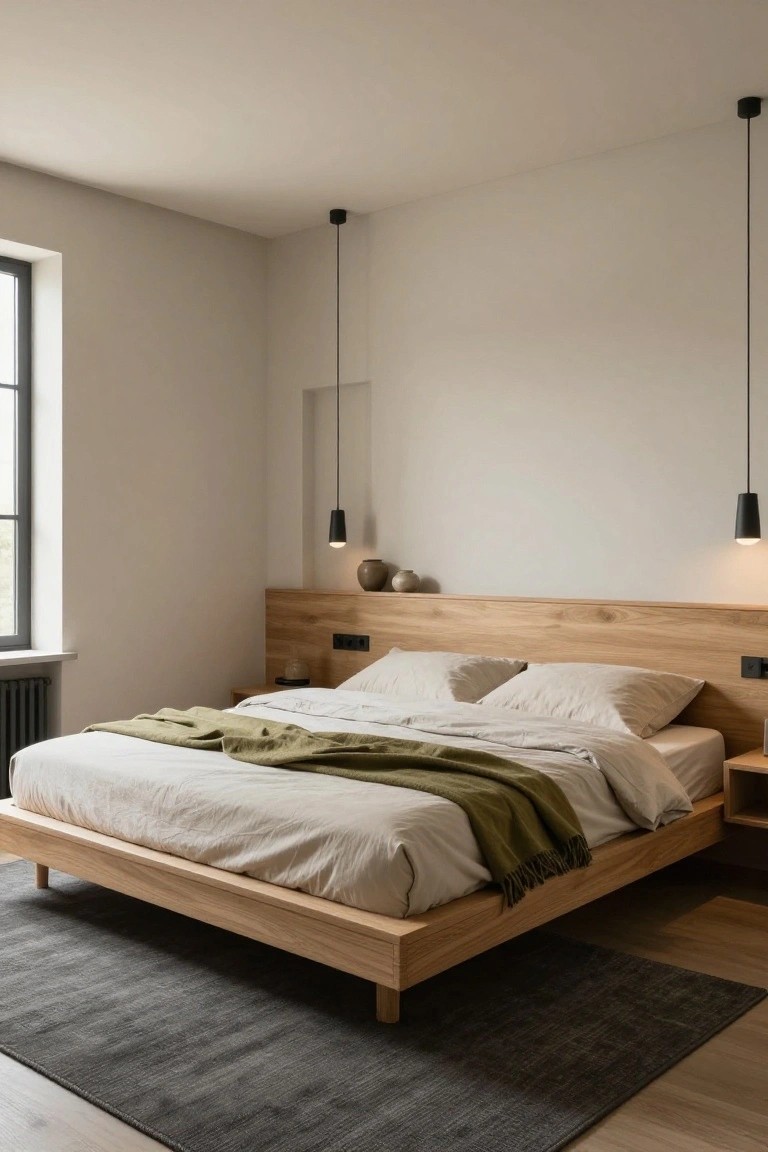 Minimalist bedroom with low oak platform bed, white linen sheets, green throw blanket, wooden headboard, two black pendant lights, and beige walls next to a window.