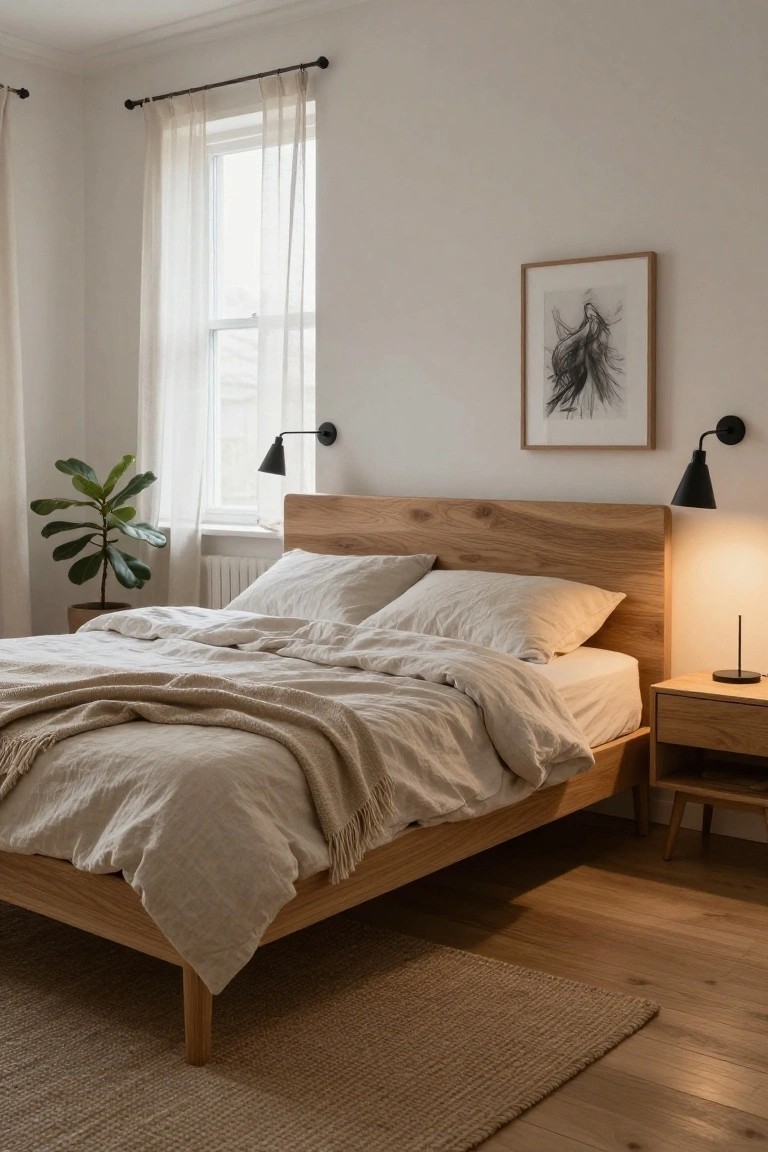 Bedroom interior with low oak platform bed topped by white linen bedding and throw, wooden nightstand, black wall sconces, potted fiddle leaf fig plant, sheer window curtains, and beige rug on oak floors.