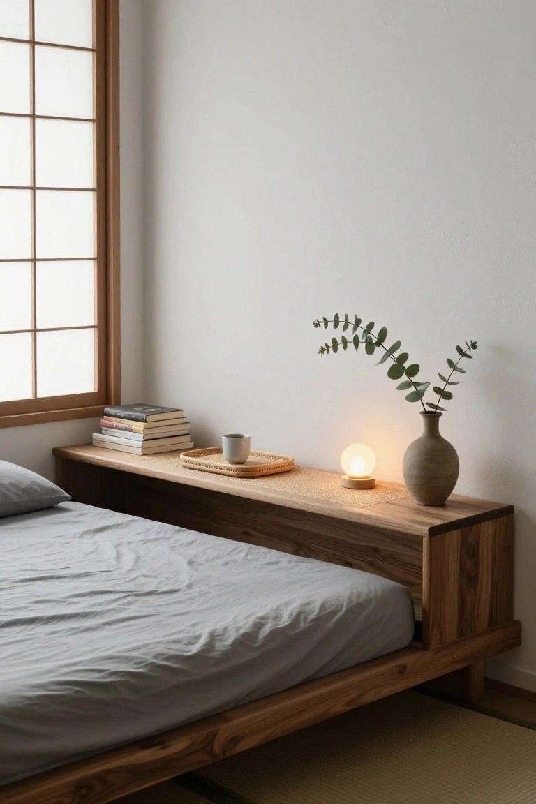 A minimalist bedroom with a low wooden platform bed featuring a built-in side shelf holding stacked books, a small lamp, a ceramic vase with eucalyptus branches, and a cup on a tray, beside a shoji-style window and tatami floor mat.