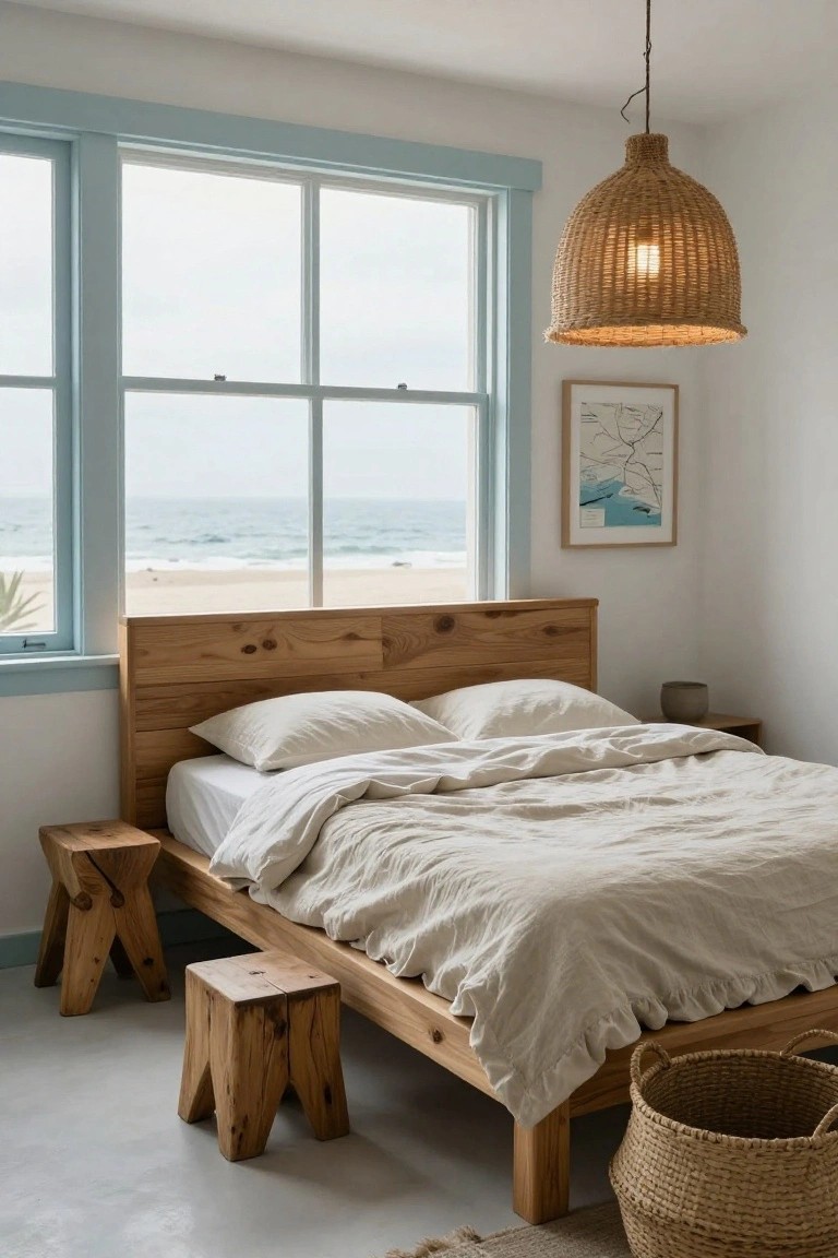 Bedroom featuring a low natural wood platform bed with white linen bedding, two wooden stools beside it as nightstands, a rattan pendant light, woven basket on the floor, and large blue-framed windows showing an ocean beach view.