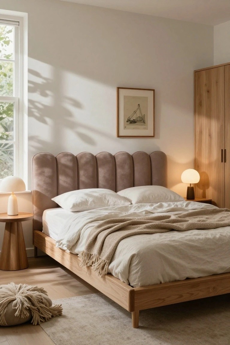 Bedroom interior with a low wooden platform bed topped by white sheets and pillows against a curved tufted headboard in pinkish velvet, flanked by bedside tables with lamps, a wooden wardrobe, and a window with plants outside.