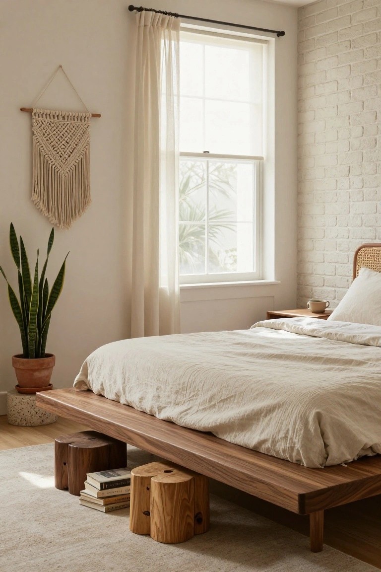 Bedroom corner featuring a low walnut platform bed with white linens and rattan headboard, two carved wood stump stools under the bed holding books, a snake plant in terracotta pot, macrame wall hanging, sheer curtains over a sunny window, and exposed white brick wall.